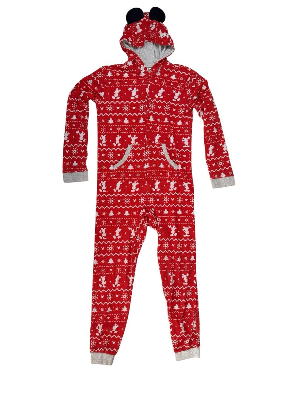 DISNEY Mickey Waffle Knit Jumpsuit w/ Ears Hood Size Small Adult Red White Print
